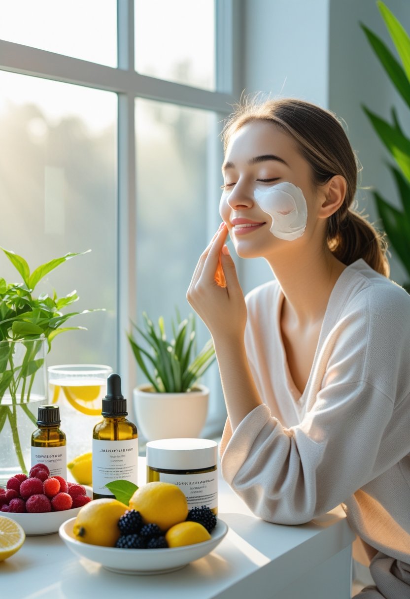 A young woman sitting by a sunlit window surrounded by plants and natural skincare items, gently applying a face mask.